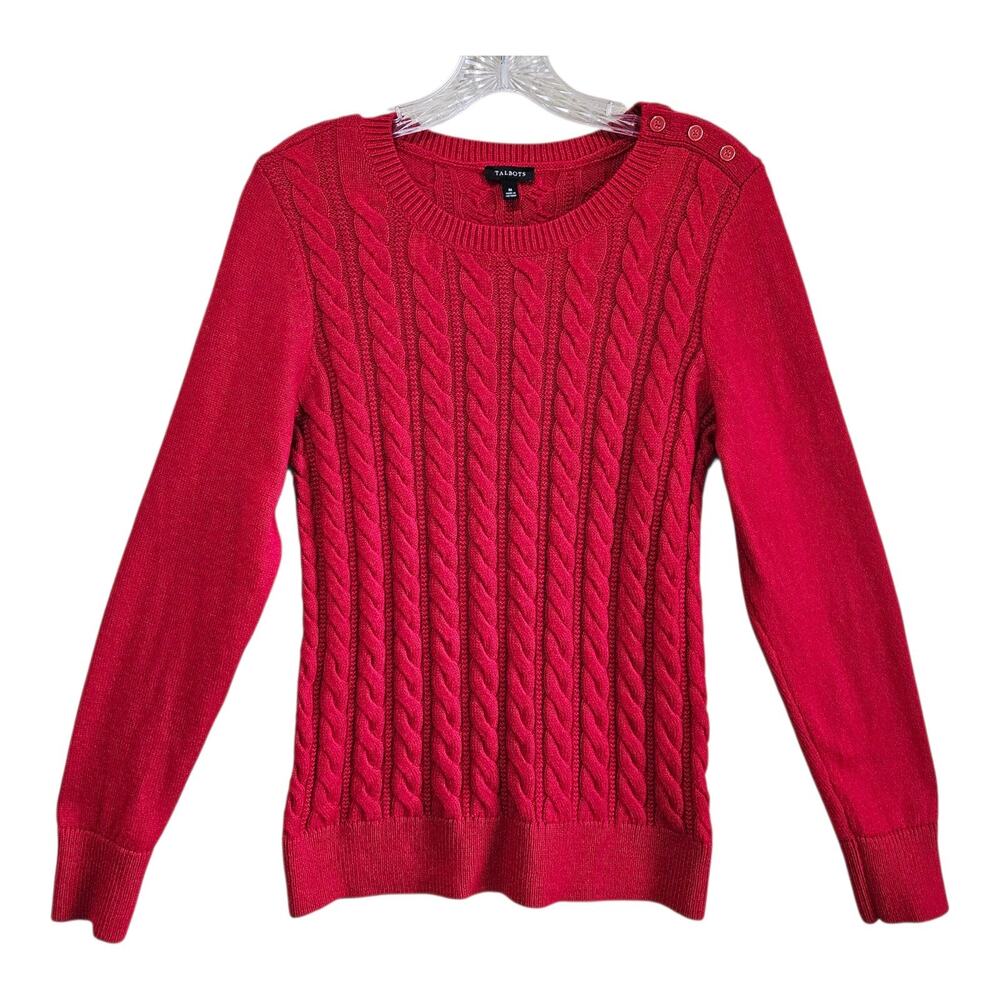 TALBOTS Women M Sweater Cable Knit Red Shoulder Buttons Long Sleeve 36"